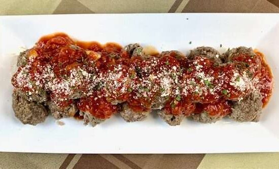 meatballs marinara - glass plate