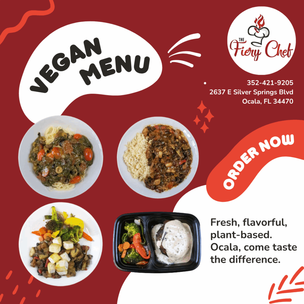 Vegan meal options from The Fiery Chef including colorful vegetables, pasta, and plant-based entrées
