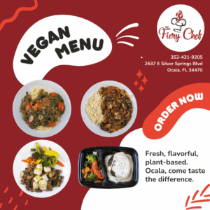 Vegan meal options from The Fiery Chef including colorful vegetables, pasta, and plant-based entrées
